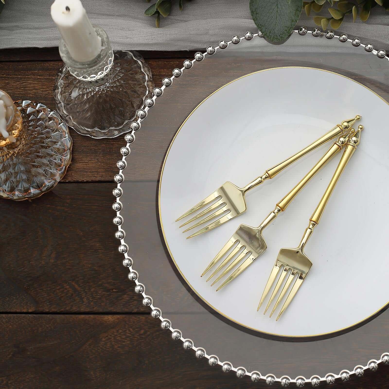 24-Pack Plastic Dessert Forks with Roman Column Handle Gold - European Style Disposable Utensils 6"