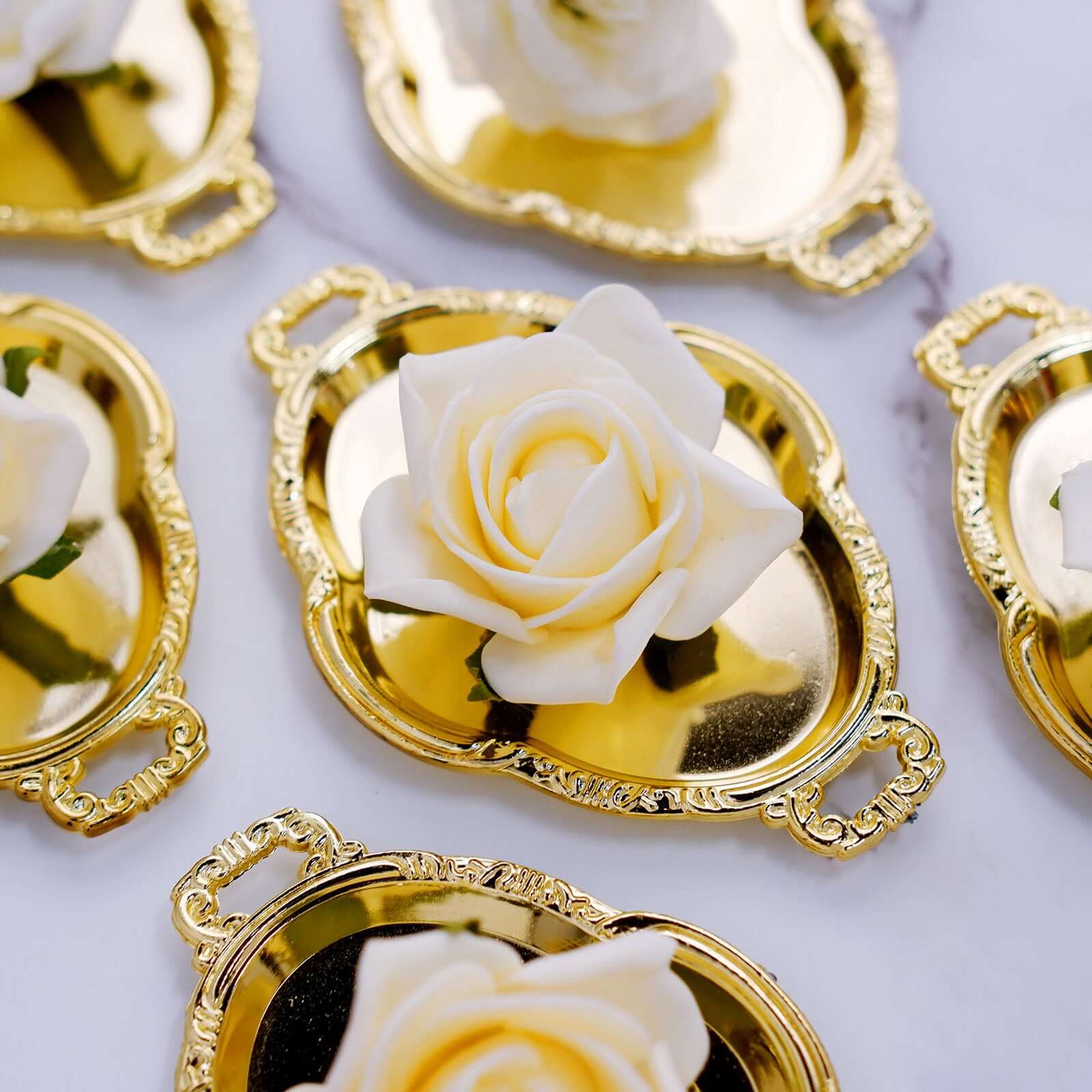 12-Pack Display Trays Party Favor Baroque Oval Design Gold - Mini Serving Platters for Sweets and Desserts 4.5"