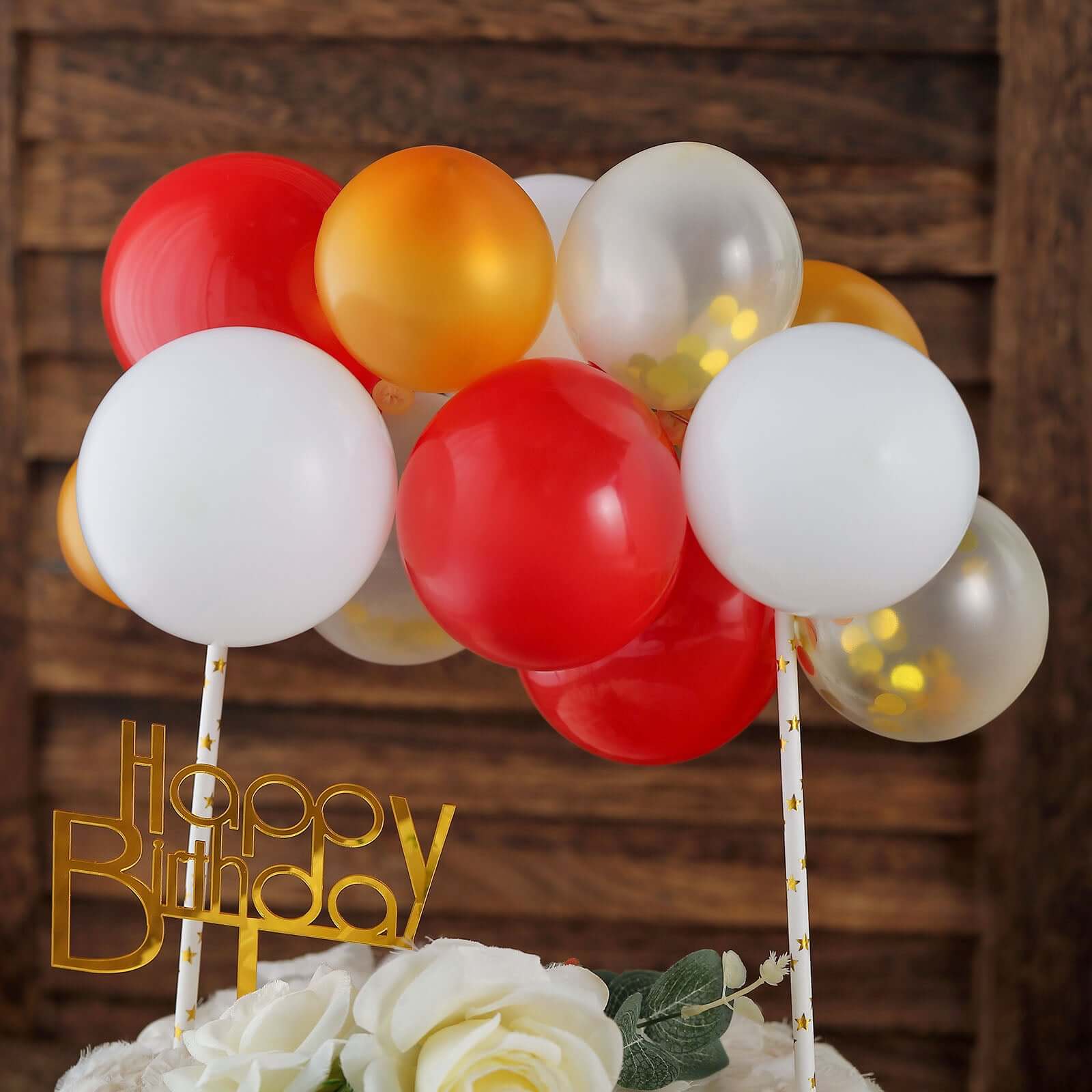 11 Pcs Balloon Cake Topper Clear, Gold, Red and White - Whimsical Clustered Mini Garland Cake Inserts DIY Party Decorations