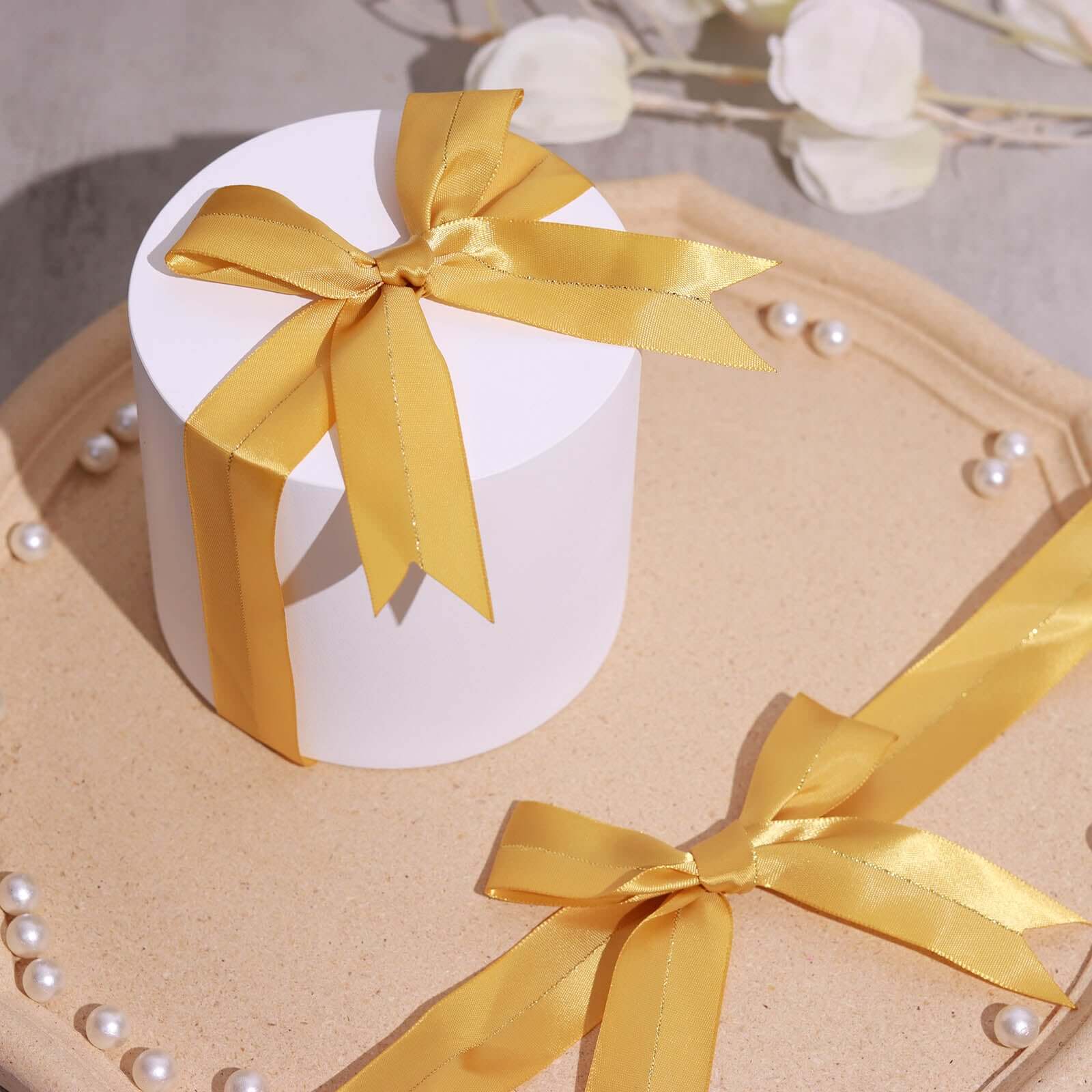 50 Pcs 10" Gold Pre Tied Ribbon Bows, Satin Ribbon With Gold Foil Lining For Gift Basket and Party Favors Decor