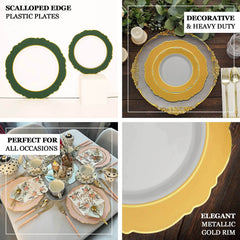 10-Pack Plastic 8" Round Dessert Plates in White with Hunter Emerald Green Blossom Design & Gold Edging - Disposable Salad Appetizer Plates