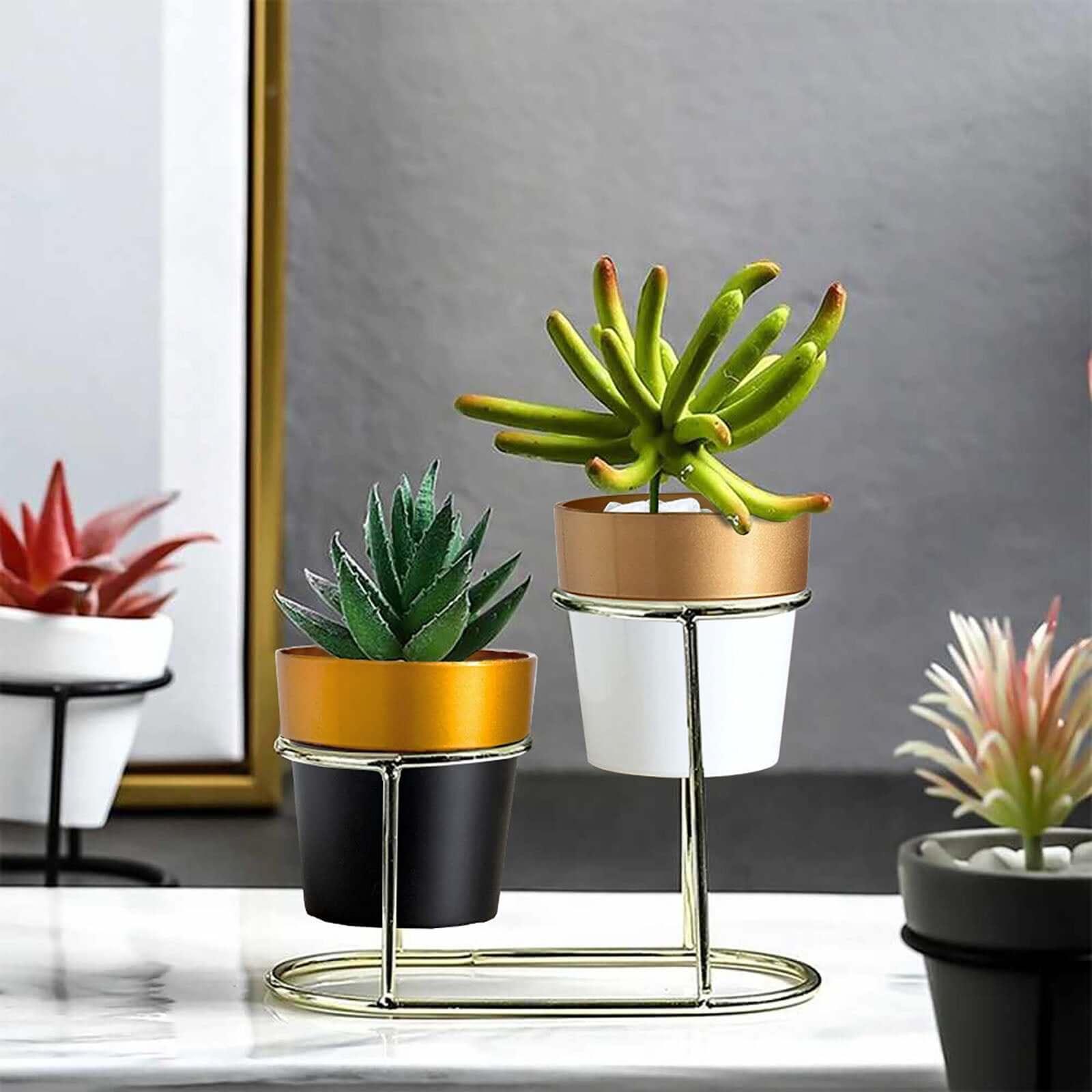 3-Pack Flower Plant Pots Small Design White with Gold Rim - Plastic Indoor Decorative Planters 3"