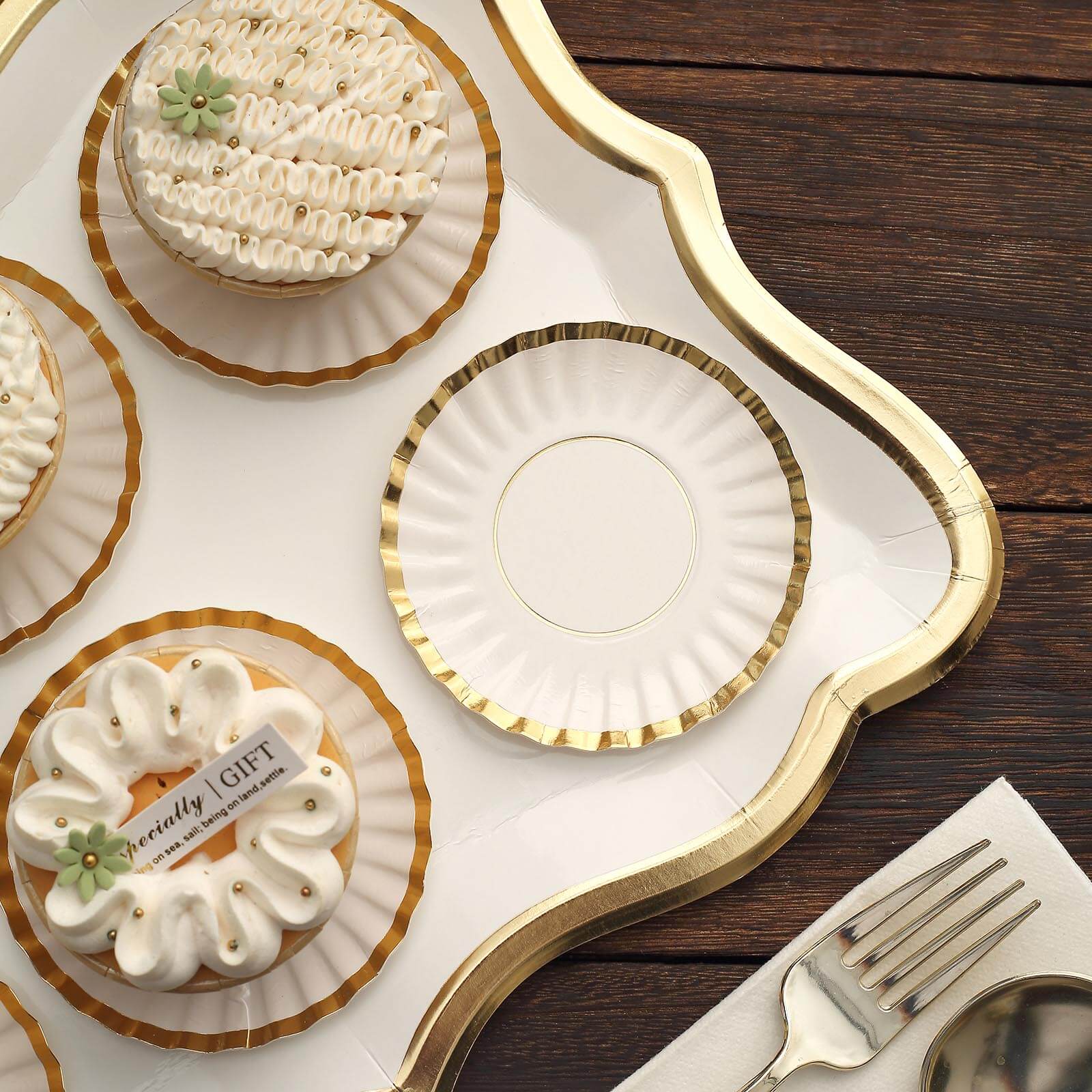 50-Pack Paper 3.5" Round Party Plates in White with Gold Scalloped Rim - Disposable Mini 250GSM Dessert Plates for Tapas, Appetizers & Finger Foods