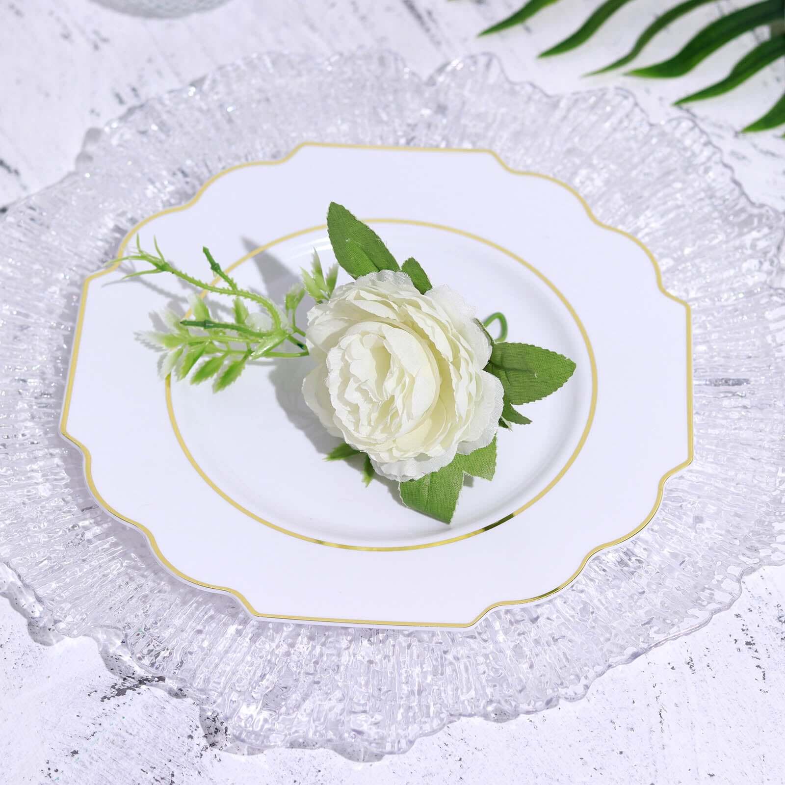 10-Pack Plastic Dessert Appetizer Plates in White Baroque Design with Scalloped Gold Rim - Heavy Duty Disposable Salad Plates for Formal Events & Banquets 8"