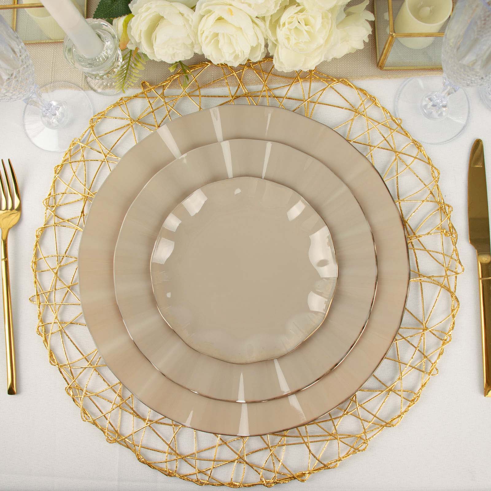 10-Pack Plastic Round 6" Dessert Plates in Taupe Ruffled Rim with Gold Edging - Sturdy Disposable Salad Appetizer Dinnerware