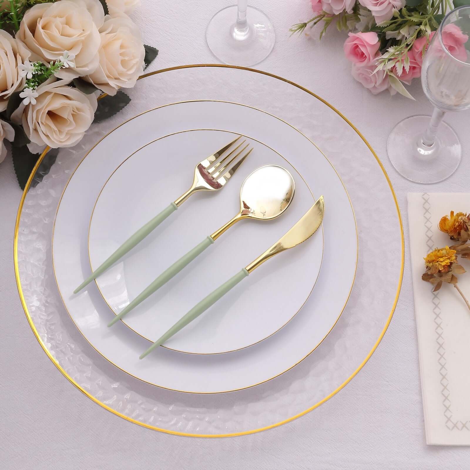 24-Pack Plastic Flatware Set in Metallic Gold with Sage Green Handle - Heavy Duty Disposable Modern Silverware 8"