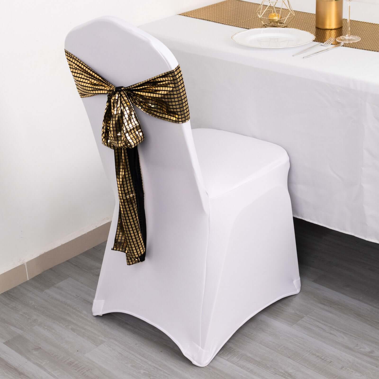 5 Pack Chair Sashes Shiny Foil Polyester 6"x108" Black/Gold - Stylish Disco Mirror Ball Event Decor