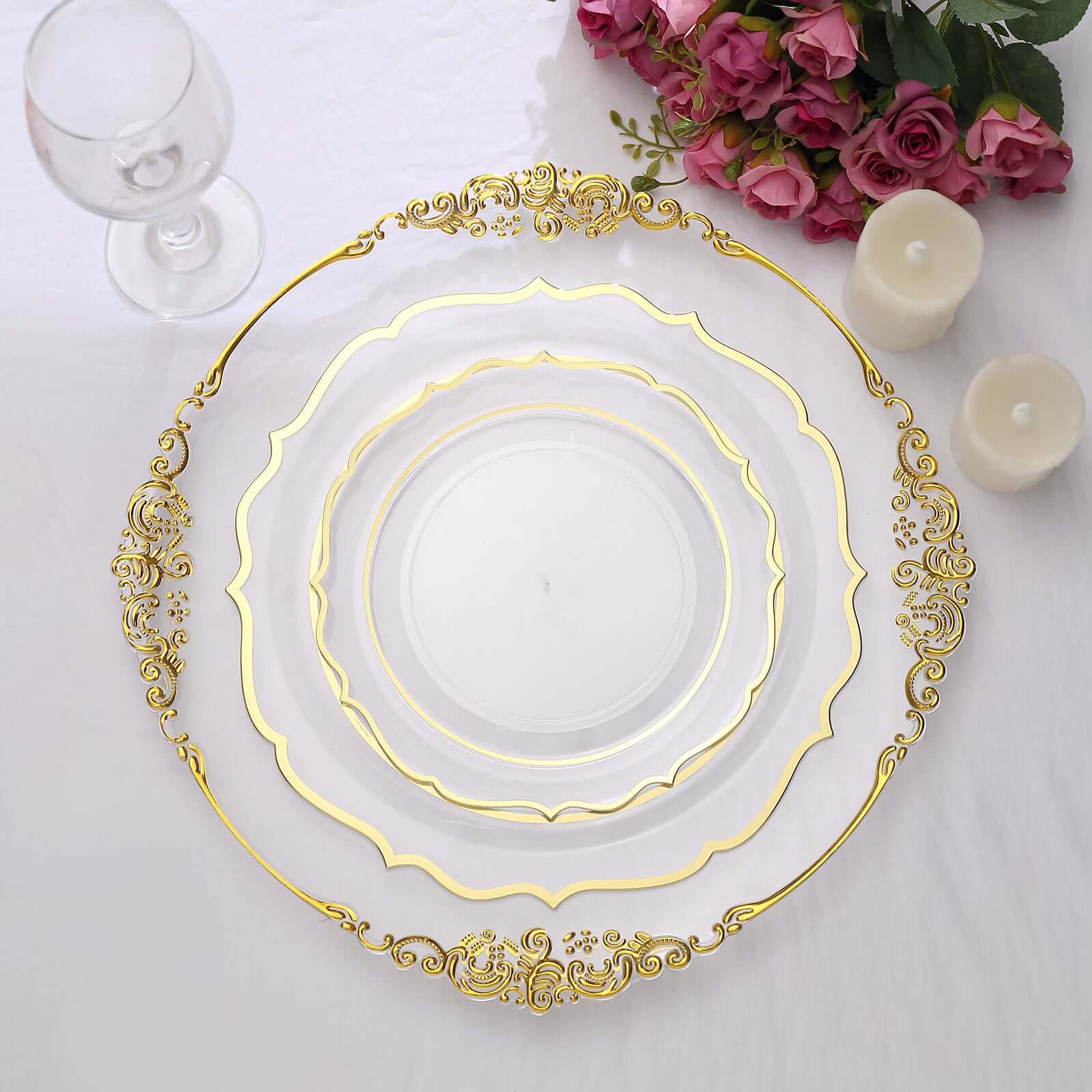 10-Pack Plastic 8" Round Desert Plates in Clear with Gold Scalloped Rim - Disposable Appetizer/Salad Plates