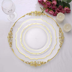 10-Pack Plastic 8" Round Desert Plates in Clear with Gold Scalloped Rim - Disposable Appetizer/Salad Plates