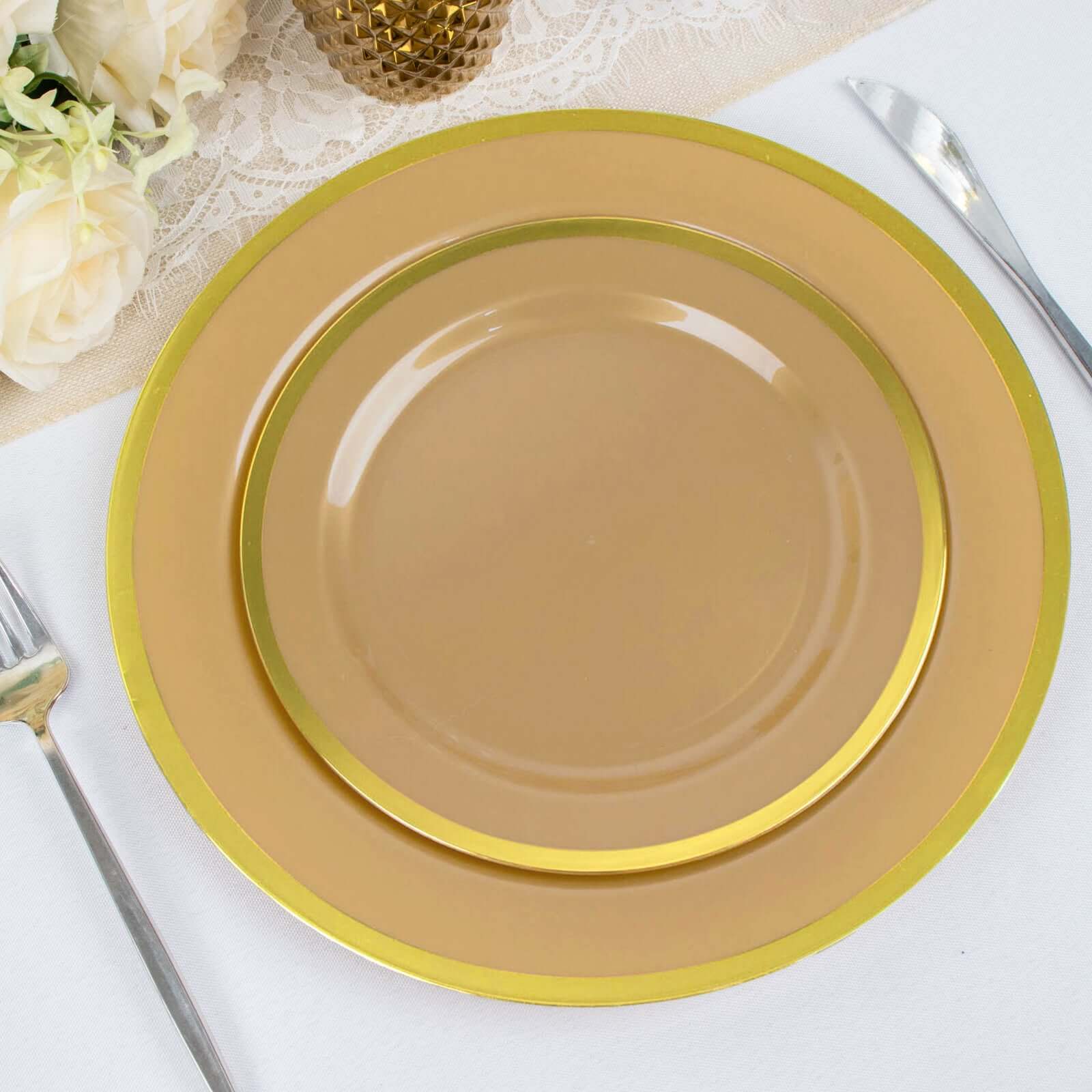 10-Pack Plastic 7" Round Appetizer Plates in Gold with Gold Rim - Sleek Disposable Salad Plates for Banquets & Special Occasions