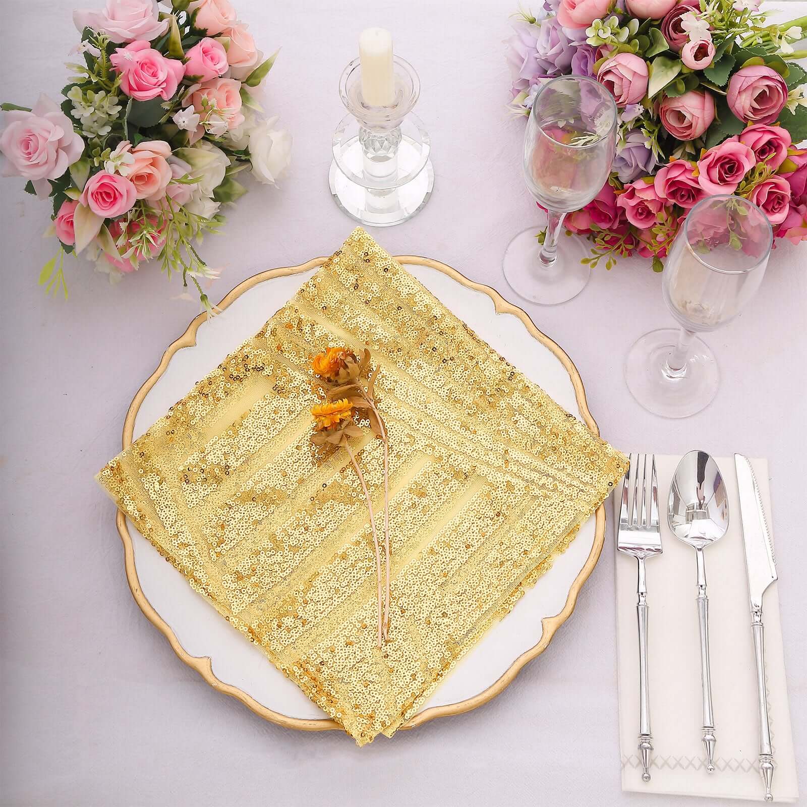 Sequin Napkins 20"x20" Gold - Diamond Pattern Reusable Napkin for Glamorous Table Settings