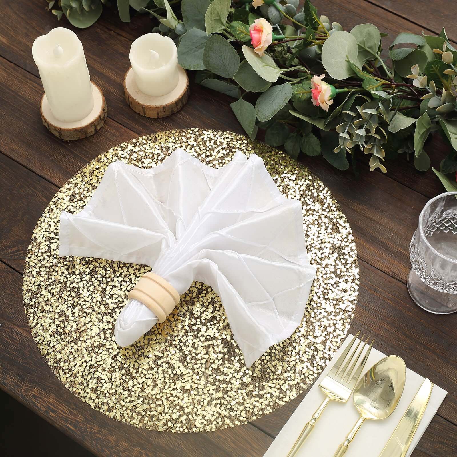 10-Pack Table Placemats Sequin Design Metallic Gold Round - Mesh Disposable Dust-Free Dining Mats 13"