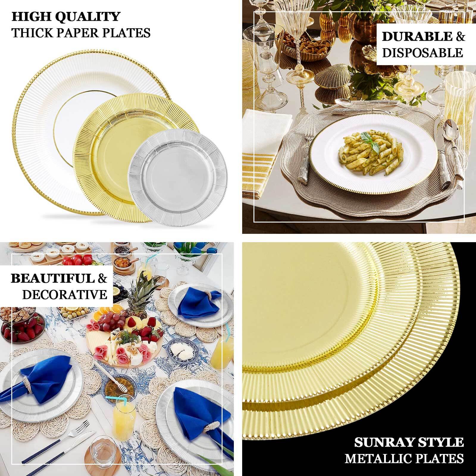 25-Pack Disposable Round Charger Plates in Metallic Gold Sunray Design - 350GSM Heavy Duty Paper Chargers for Chic Table Settings 13"