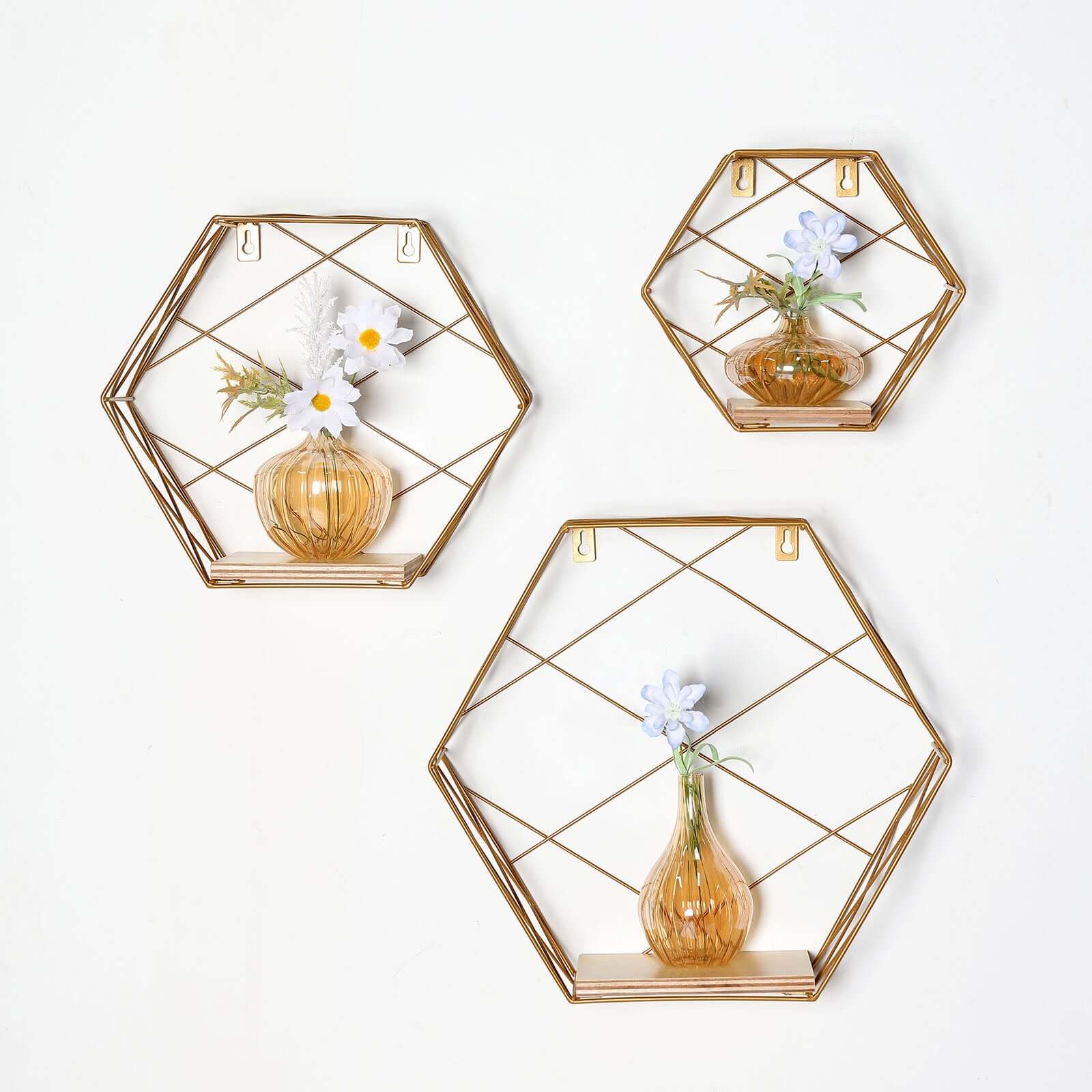 3 Pack Gold Hexagonal Floating Wall Shelves, Decorative Geometric Wall Mounted Shelves - 9",12",14"