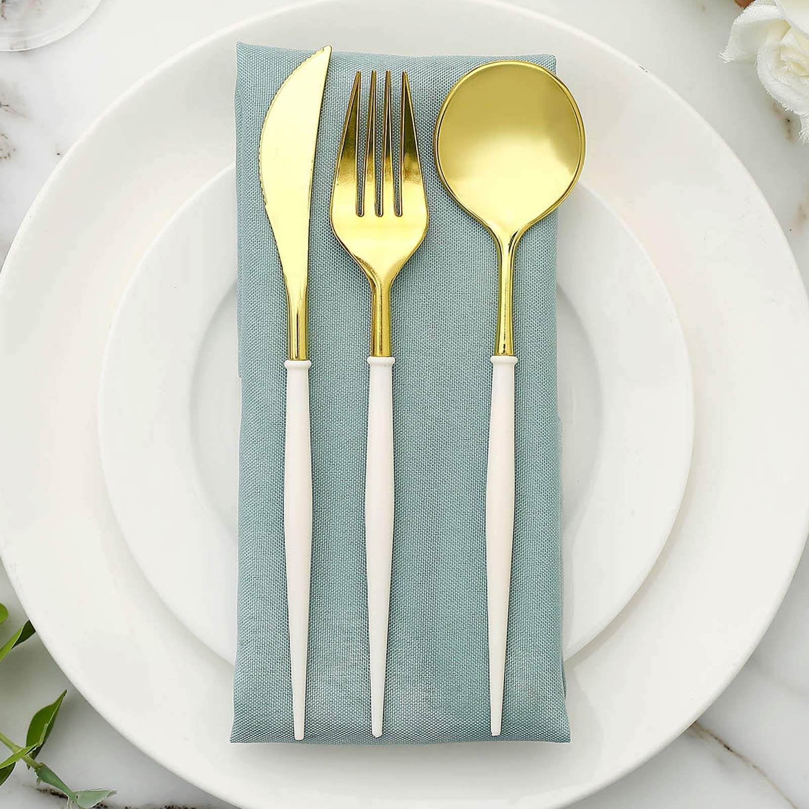 24-Pack Plastic Flatware Set in Metallic Gold with Ivory Handle - Heavy Duty Disposable Modern Silverware 8"