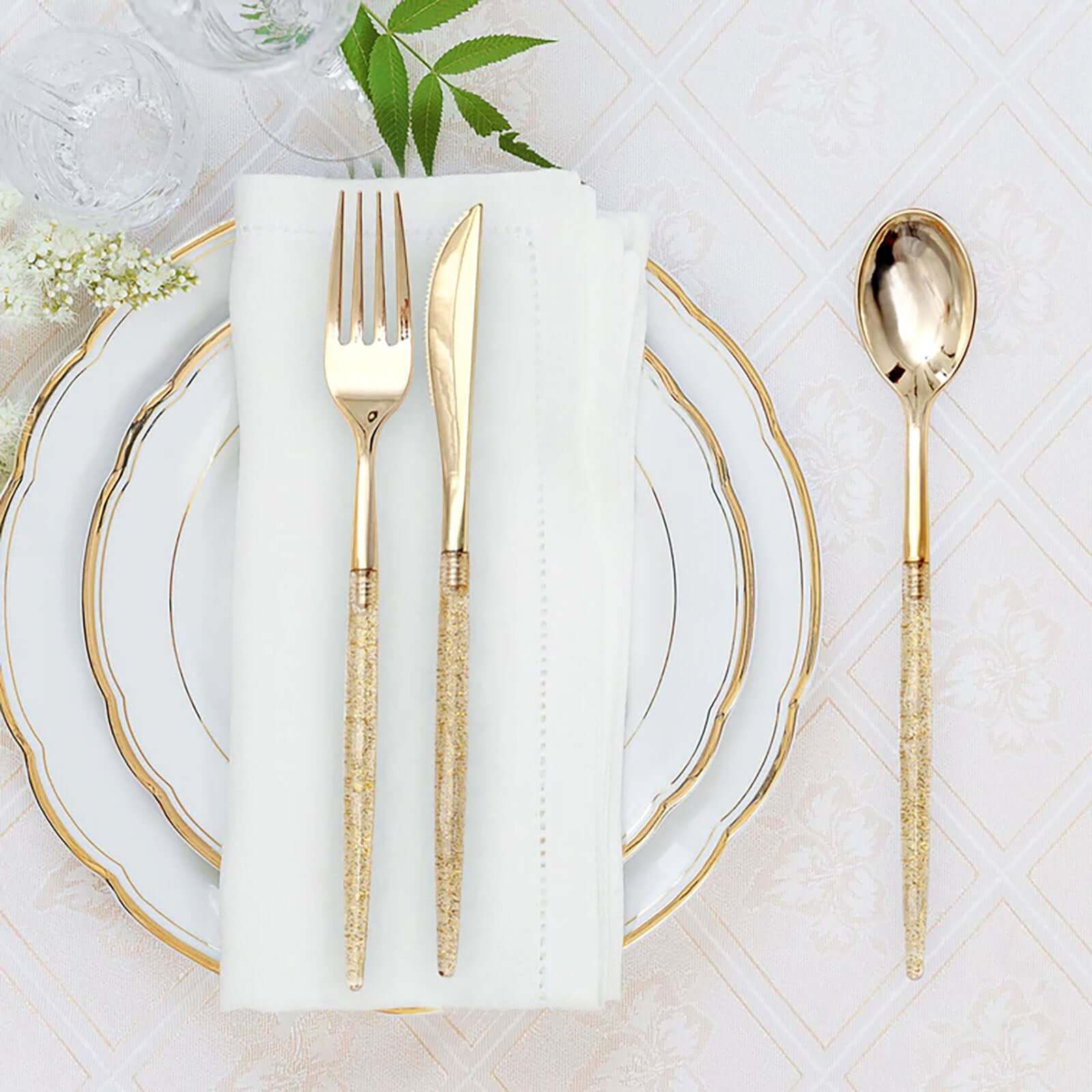 24-Pack Plastic Cutlery Set Metallic Gold with Gold Glitter - Stylish Disposable Silverware-Pack 8"
