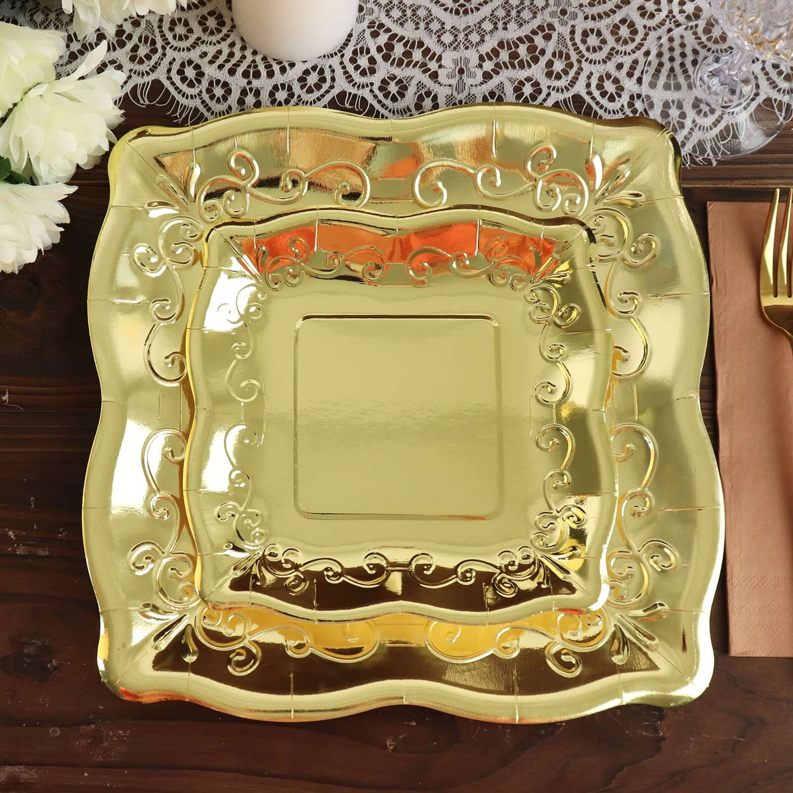 25-Pack Paper 11" Square Dinner Plates in Gold with Vintage Pottery Embossed Design - Shiny Metallic Disposable Serving Plates for Glamorous Dinners & Events