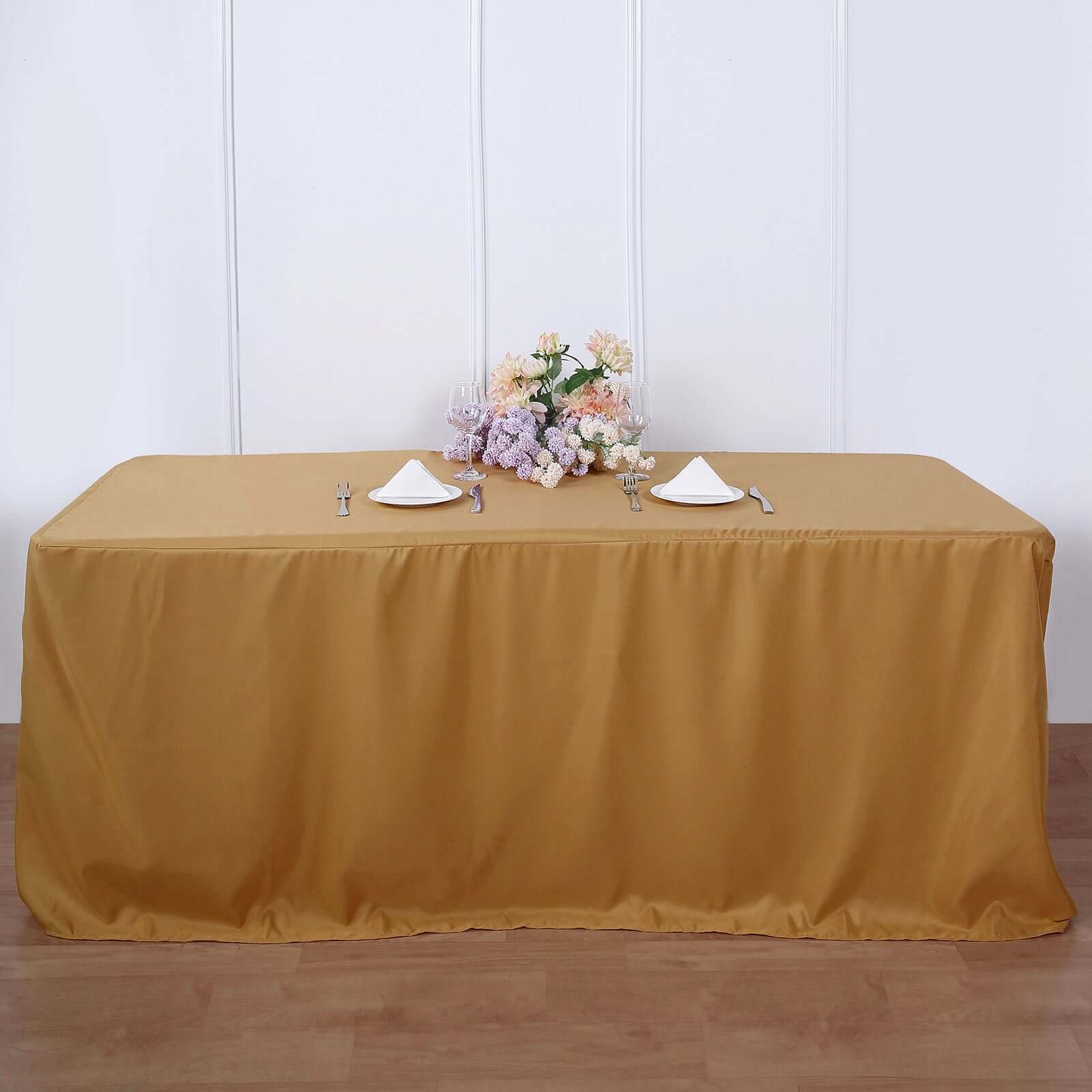 Fitted Polyester 96"x30" Rectangle Tablecloth Gold - Durable and Easy to Maintain Table Cover for Events for Trade Shows, Catering & Events