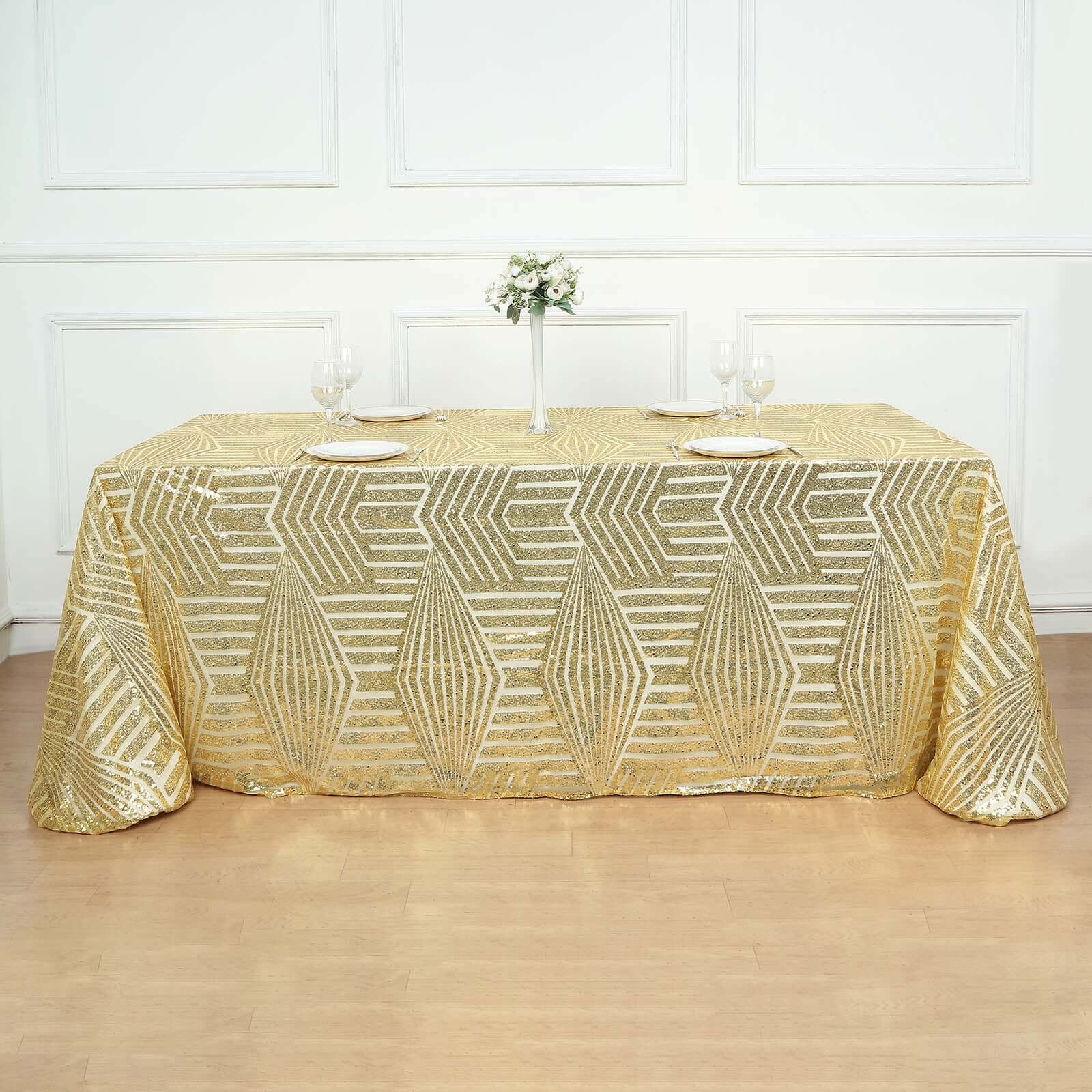 Sequin 90"x132" Rectangle Tablecloth Gold - Seamless Diamond Design for Upscale Events