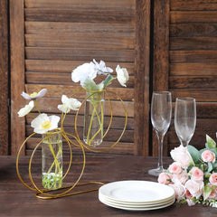 2 Pack 10" Gold Metal Geometric Floating Glass Vase Centerpiece, Nordic Style Double Ring Test Tube Flower Vase