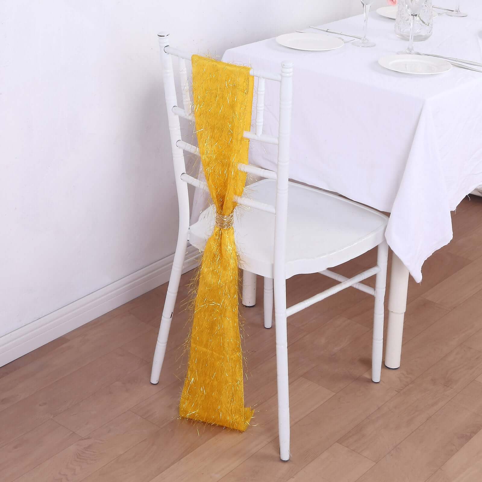 5 Pack Polyester Chair Sashes Gold Metallic Tinsel Fringe - Easy to Use Sparkly Chair Bows 6"x108"