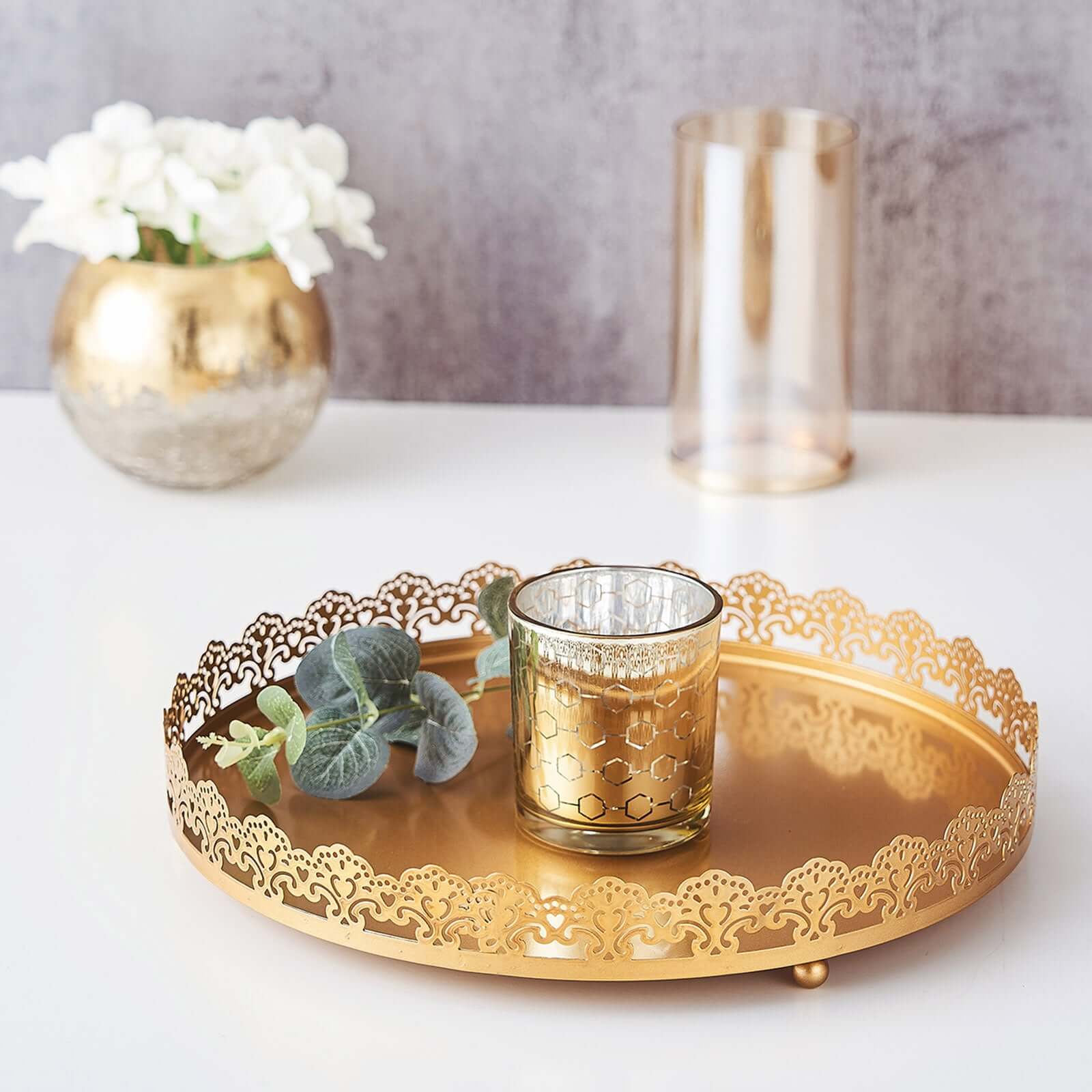 12" Gold Premium Metal Decorative Vanity Serving Tray, Round With Embellished Rims
