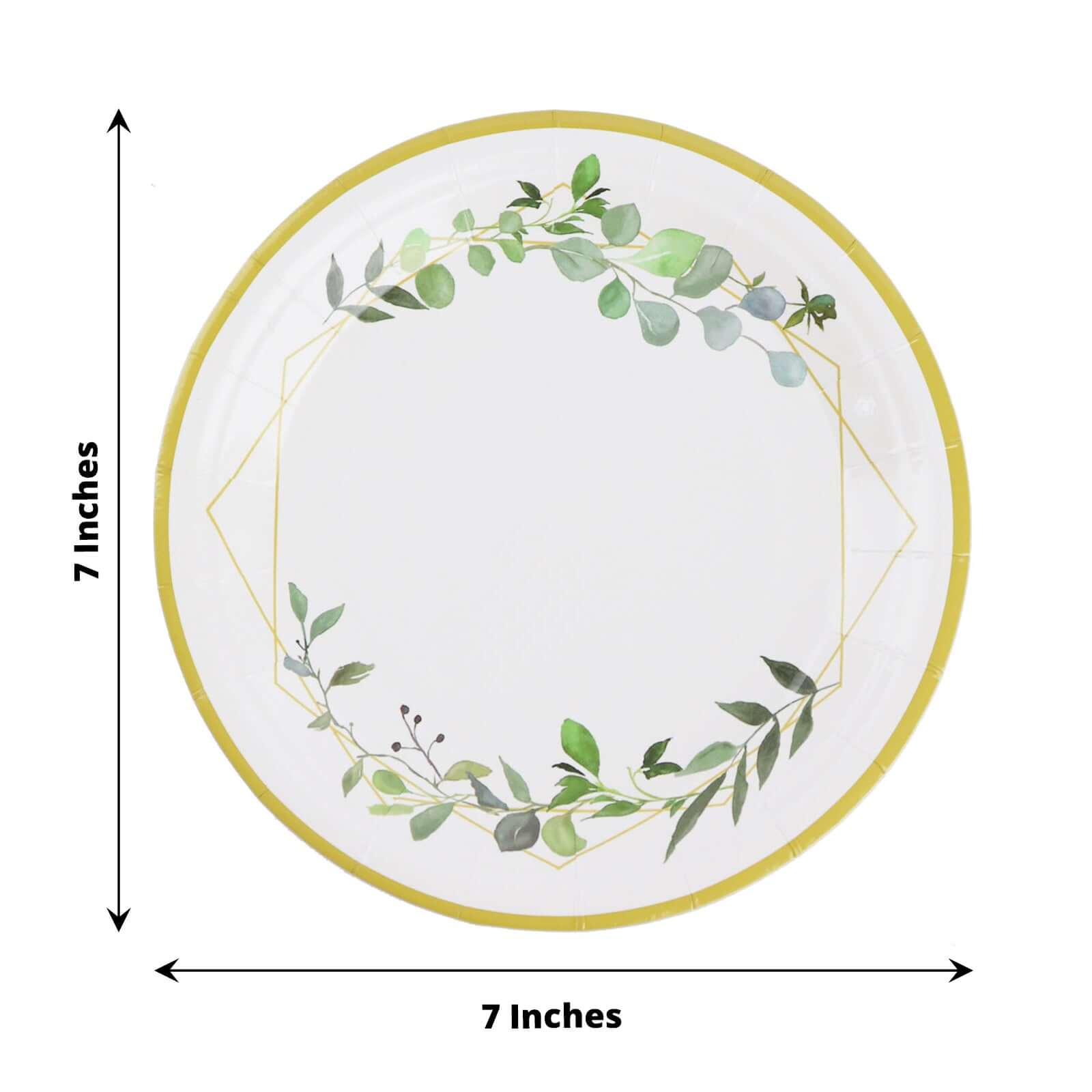 24-Pack Paper 7" Round Dessert Plates in White with Eucalyptus Leaves & Gold Rim - Disposable 300GSM Salad Plates for Garden Weddings & Celebrations