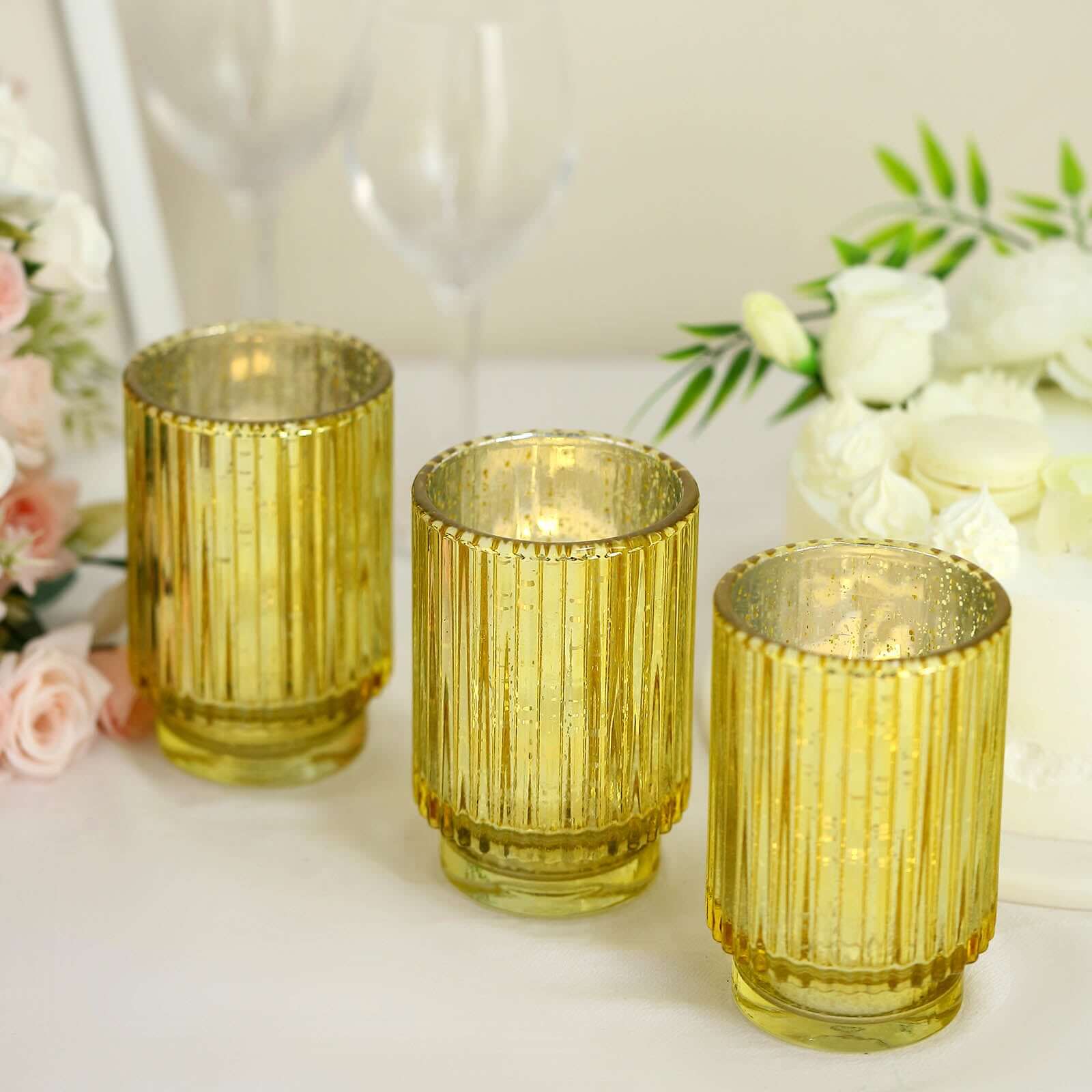 3-Pack Mercury Glass Hurricane Candle Holders Gold Wavy Column Design - Votive Pillar Vase 5"