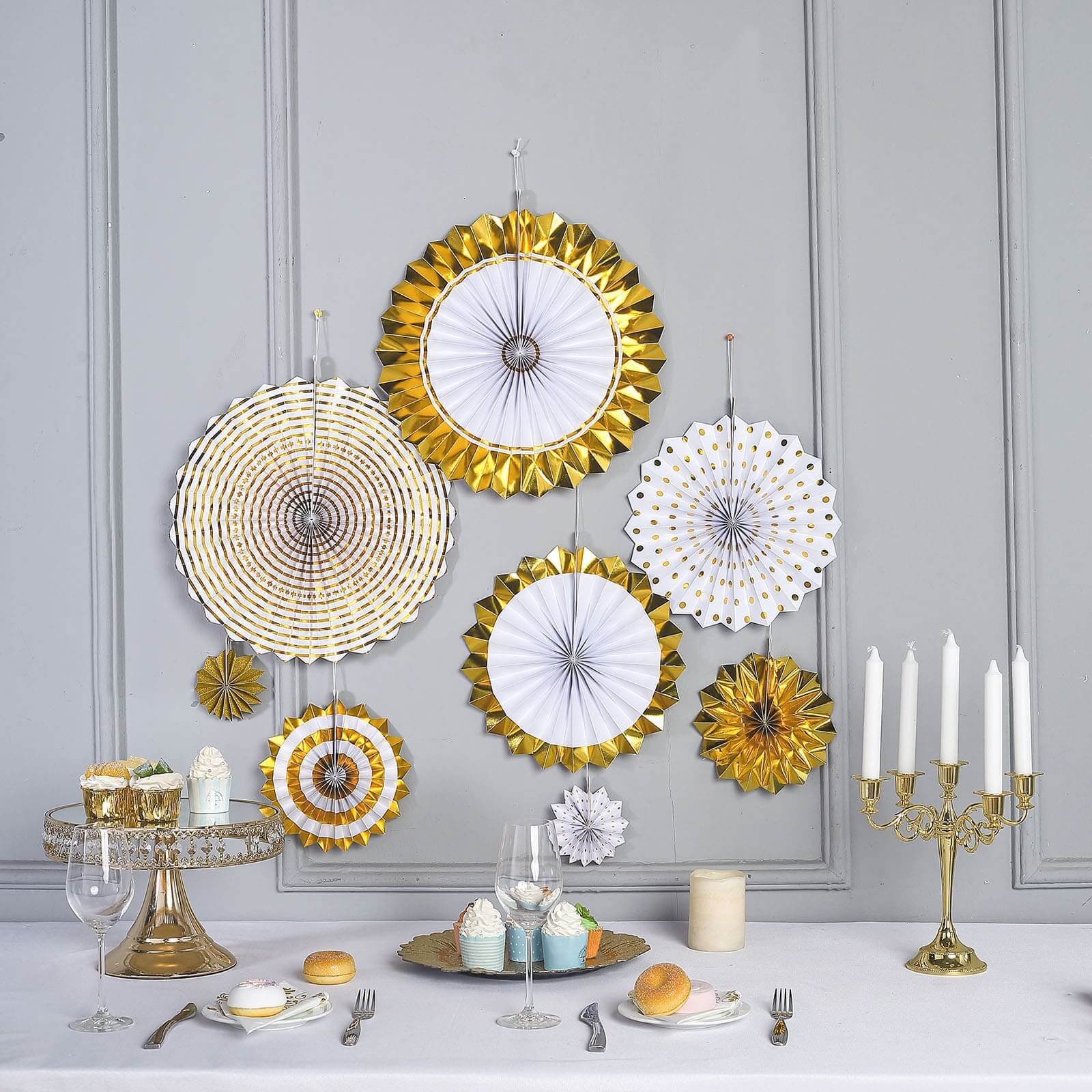 Set of 8 Gold White Hanging Paper Fan Decorations, Pinwheel Wall Backdrop Party Kit - 4", 8", 12", 16"