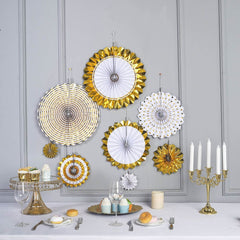 Set of 8 Gold White Hanging Paper Fan Decorations, Pinwheel Wall Backdrop Party Kit - 4", 8", 12", 16"