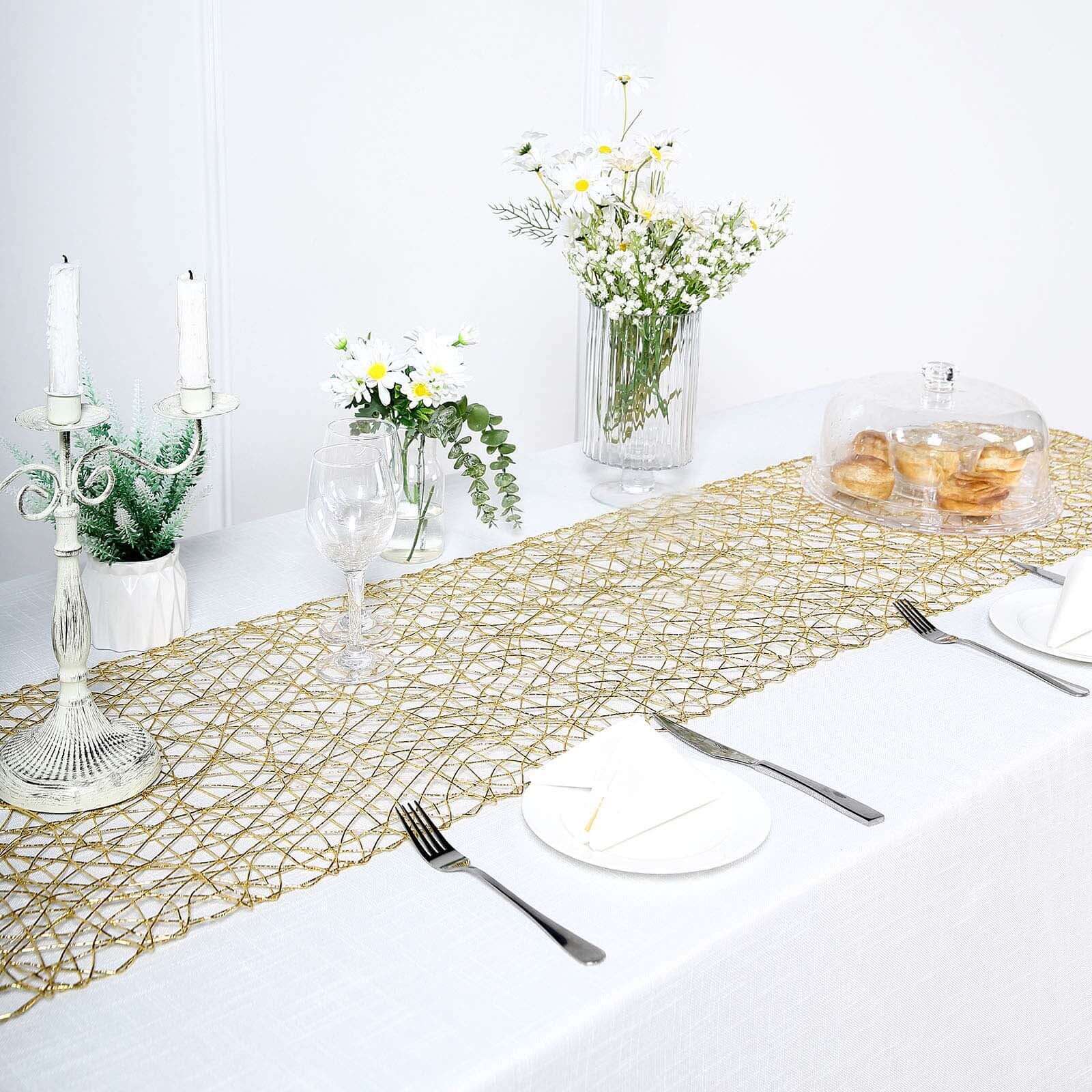 16"x72" Gold Wire Nest Table Runner, Metallic String Woven Runner