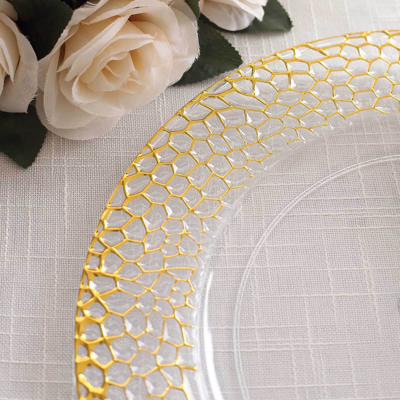 6-Pack Acrylic Round Charger Plates 13" in Clear with Gold Hammered Rim, Decorative Plastic Charger Tableware