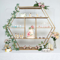 Metal Hexagonal Cake Dessert Display Stand Gold - Large Multi Functional Modern Bookcase Party Backdrop for Balloons Floral Installations & Event Decor 4ft