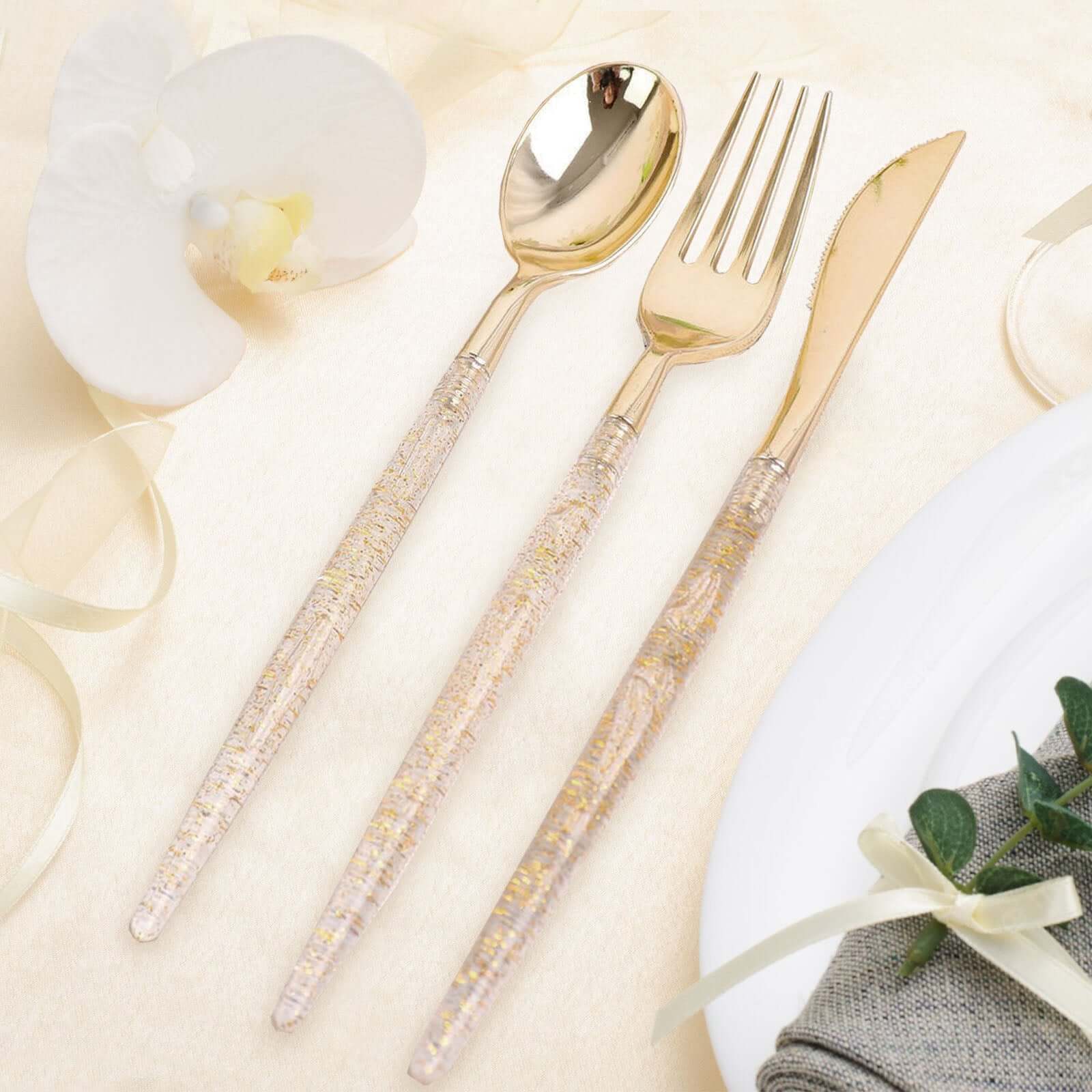 24-Pack Plastic Cutlery Set Metallic Gold with Gold Glitter - Stylish Disposable Silverware-Pack 8"