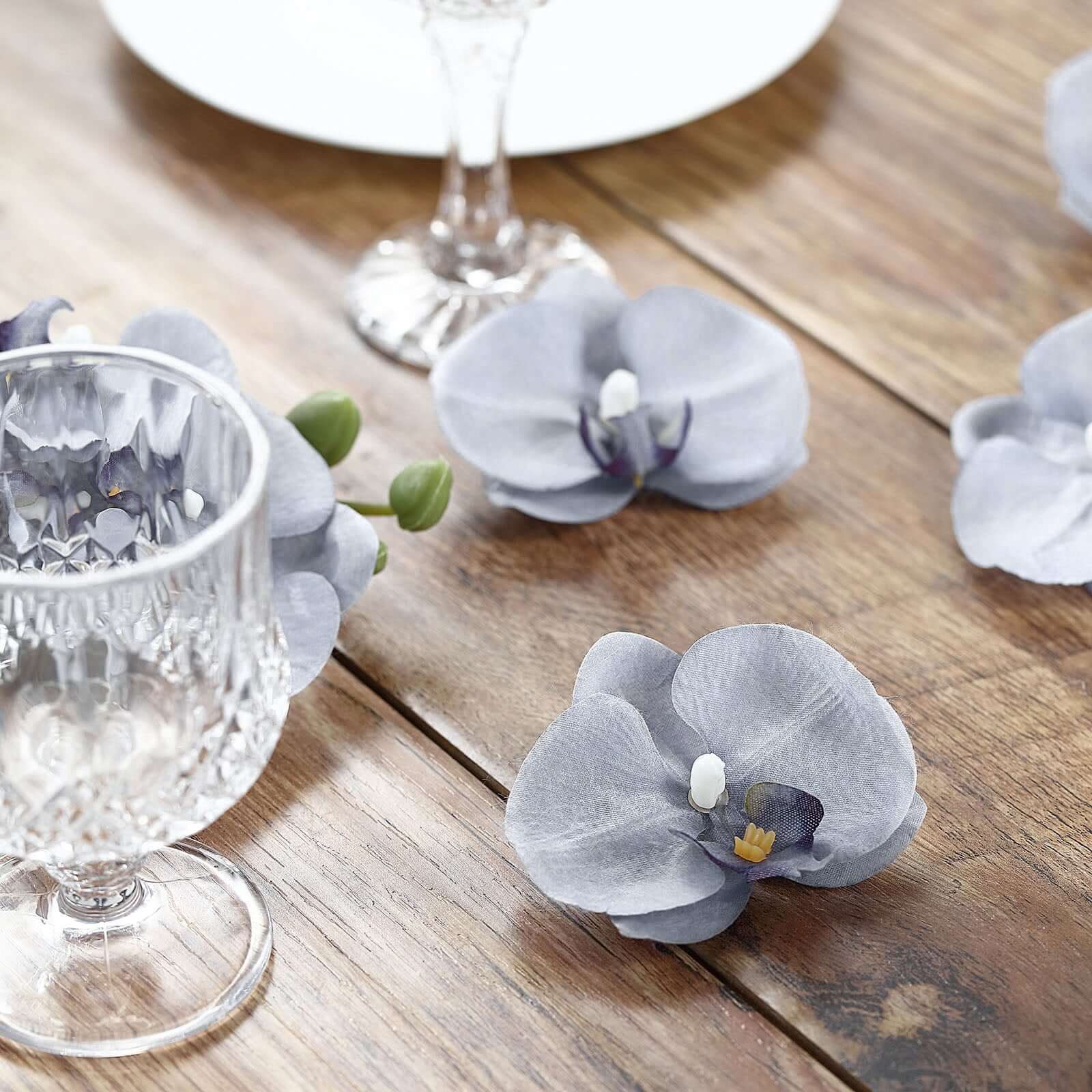 20 Silk Artificial Orchids Flower Heads Charcoal Gray - Versatile Floral Accents for DIY Floral Arrangements Corsages & Event Decor 4"