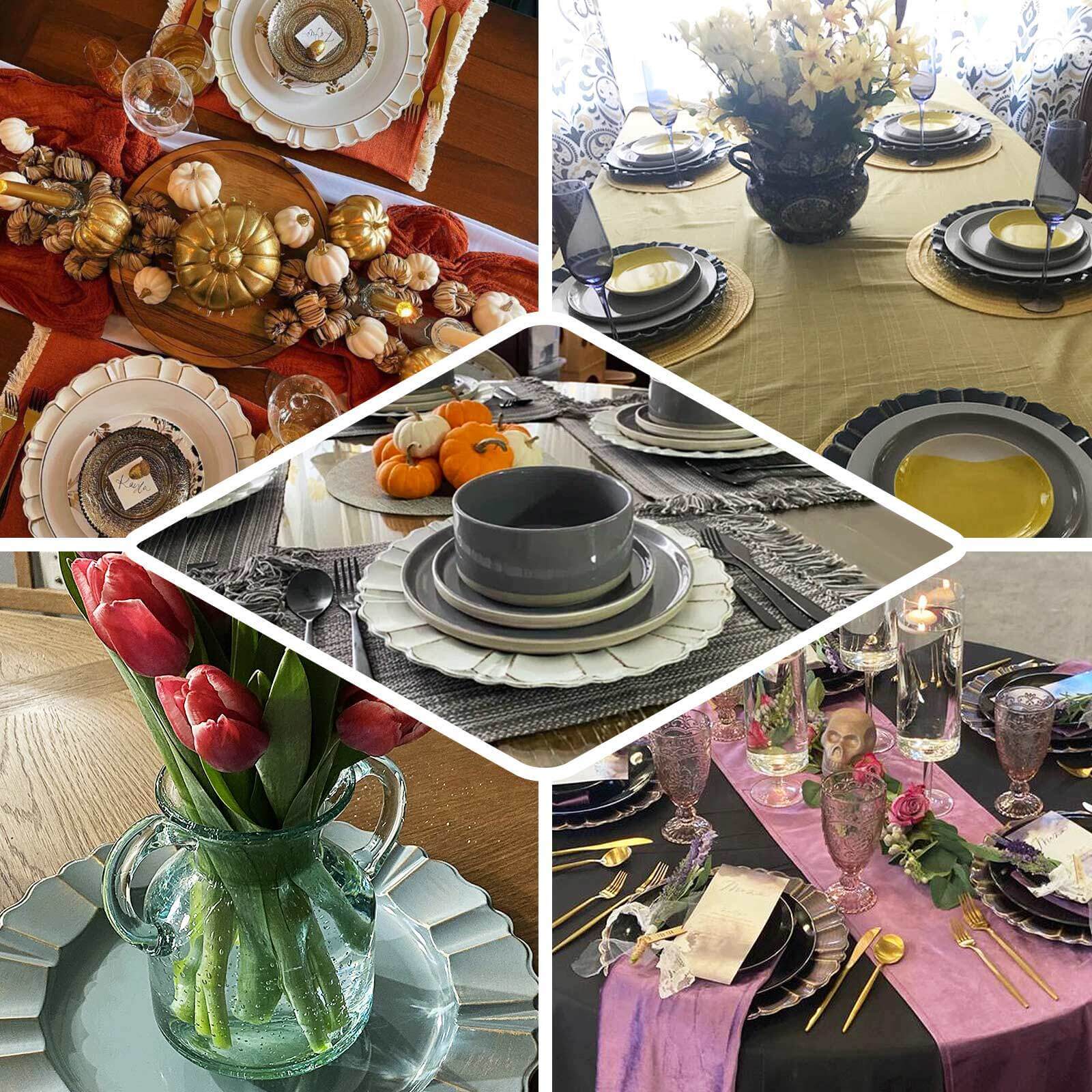 6-Pack Acrylic Plastic Round Charger Plates 13" in Charcoal Gray with Gold Brushed Wavy Scalloped Rim, Decorative Dinner Party Charger Tableware