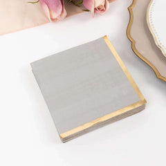 50-Pack Paper Beverage Napkins Gray with Gold Foil Edge - 2 Ply Disposable Soft 18GSM Cocktail Napkins 5"x5"