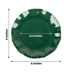 10-Pack Plastic Round 6" Dessert Plates in Hunter Emerald Green Ruffled Rim with Gold Edging - Sturdy Disposable Salad Appetizer Dinnerware
