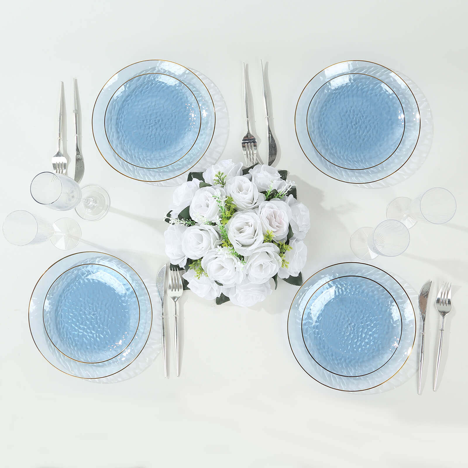 10-Pack Plastic 7" Round Dessert Appetizer Plates in Transparent Dusty Blue Hammered Design with Gold Rim - Modern Disposable Salad Plates