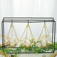3-Pack Hanging Candle Holders Gold Geometric Design 8" with Black Iron Stand - Trendy Tealight Centerpieces for Tables 10" Tall