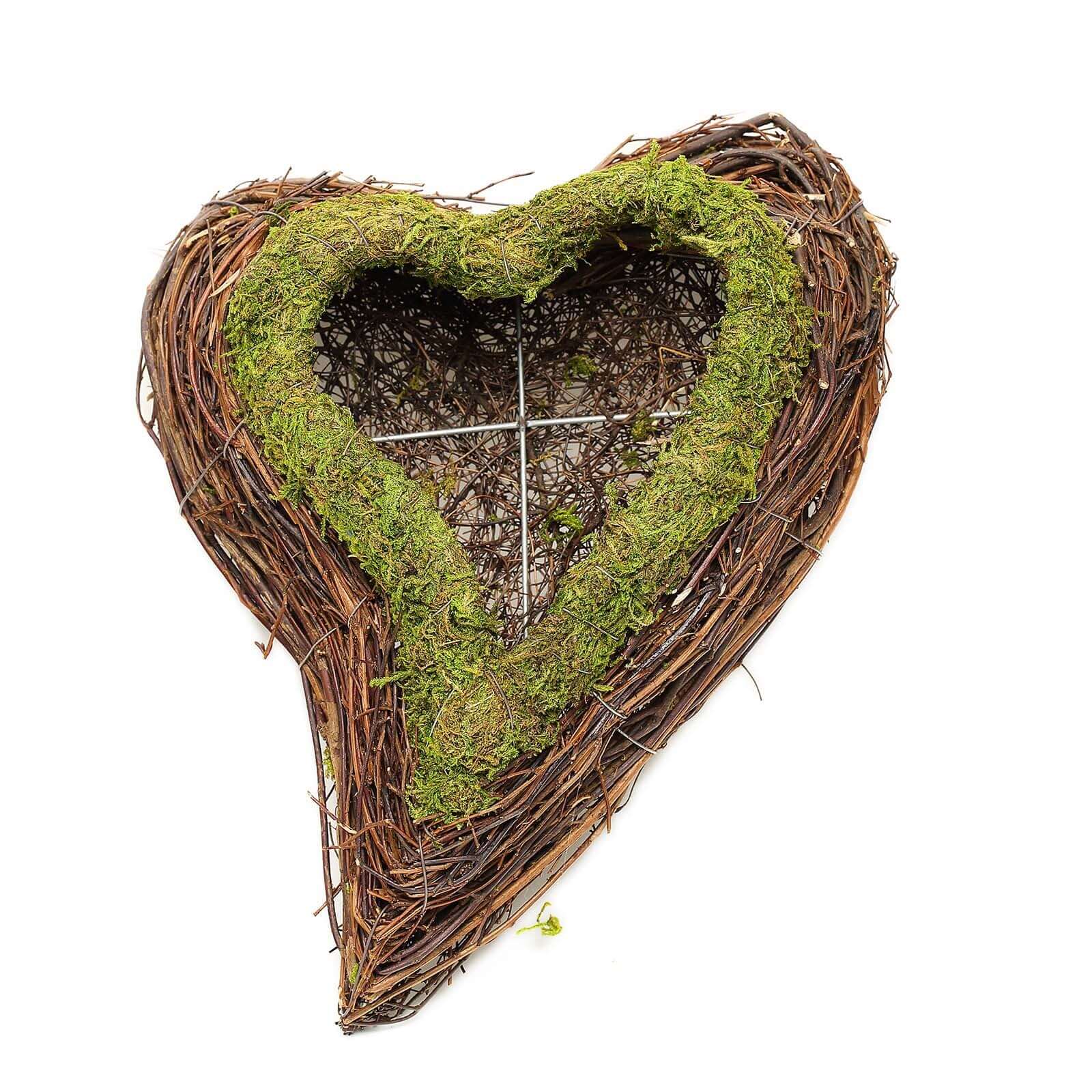 Set of 2 Heart Shaped Planter Boxes Preserved Moss Twigs Green - Flower Basket Centerpieces 14", 11"