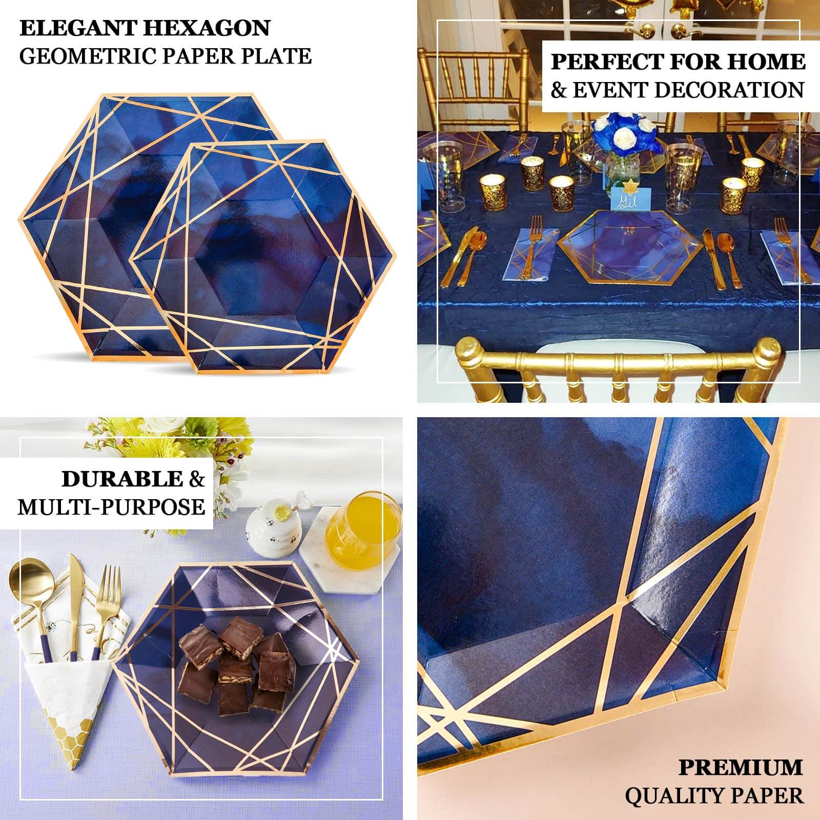 25-Pack Paper 9" Hexagon Dinner Plates in White with Gold Geometric Lines & Rim