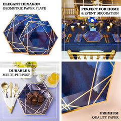 25-Pack Paper 9" Hexagon Dinner Plates in White with Gold Geometric Lines & Rim