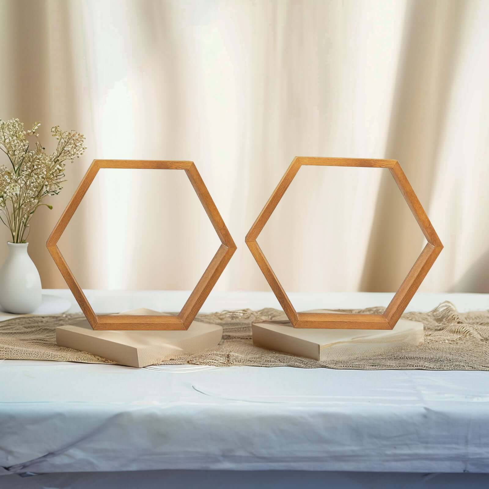 2 Pack 9" Tall Hexagon Rustic Wood Centerpiece Natural Geometric Terrarium Honeycomb Storage Shelf