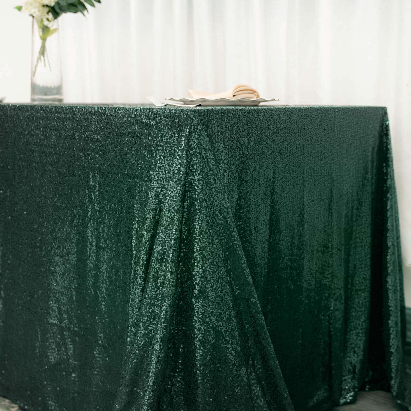 Sequin 90"x132" Rectangle Tablecloth Hunter Emerald Green - Seamless Sparkly Table Cover