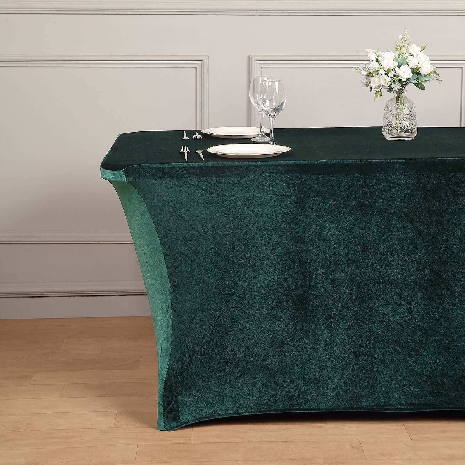 Velvet Spandex 6ft Rectangle Tablecloth Hunter Emerald Green - Fitted Wrinkle-Free Design for 72"x30" Tables