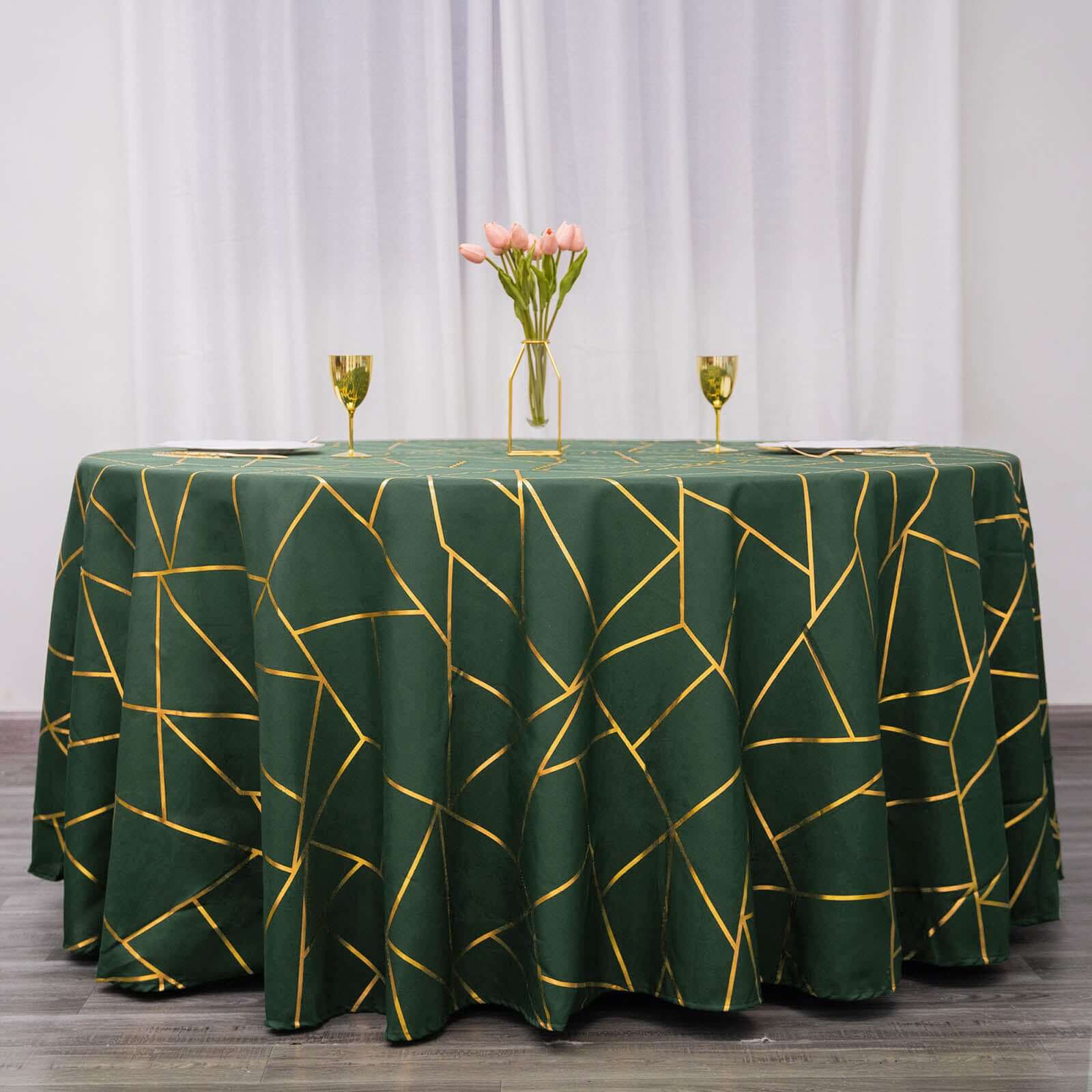 Polyester 120" Round Tablecloth Hunter with Gold Foil Geometric Pattern Wrinkle-Resistant Seamless Table Cover