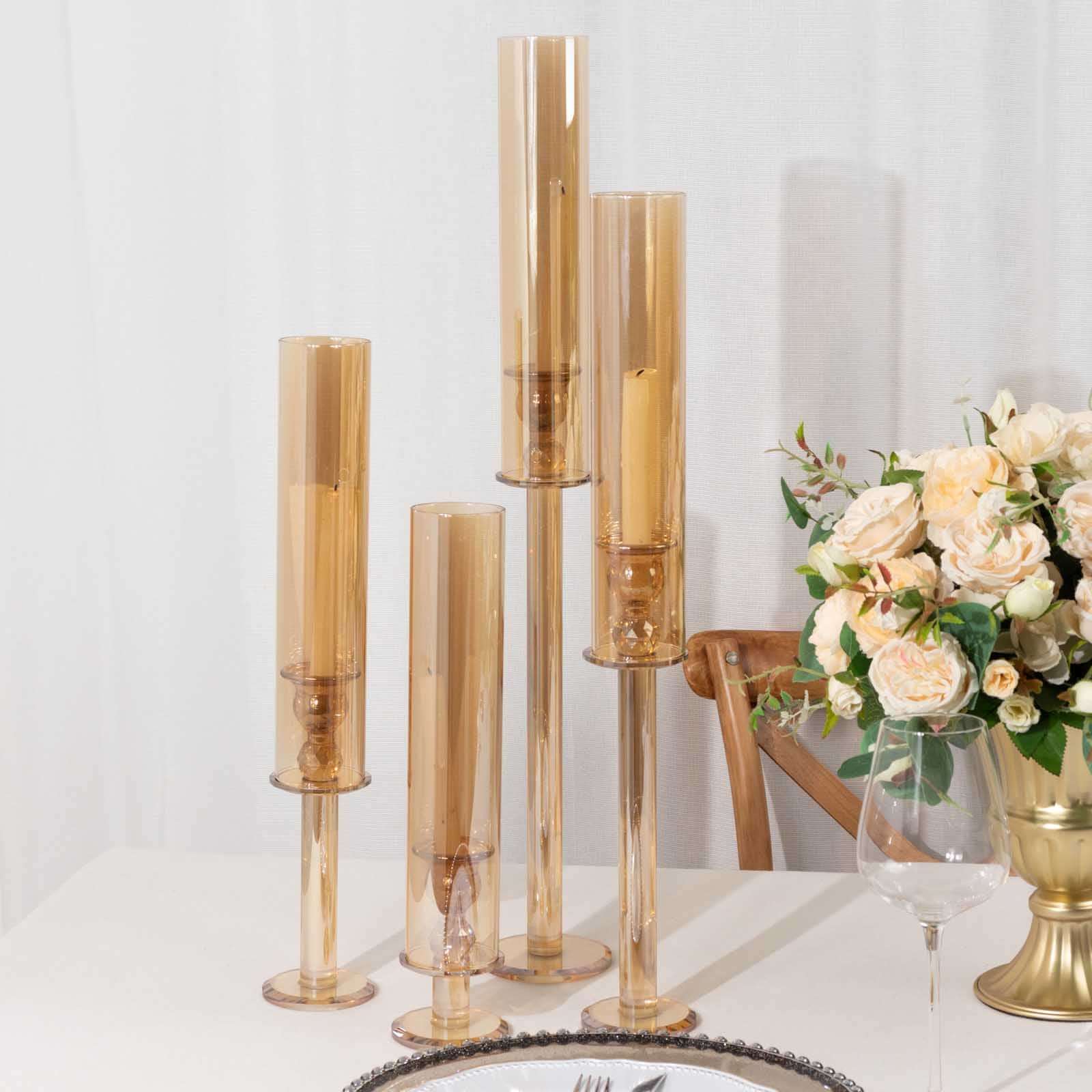 Set of 4 Crystal Glass Hurricane Taper Candle Holders, Decorative Tall Candle Stands Gold Cylinder Chimney Tubes 14", 18", 22", 26"