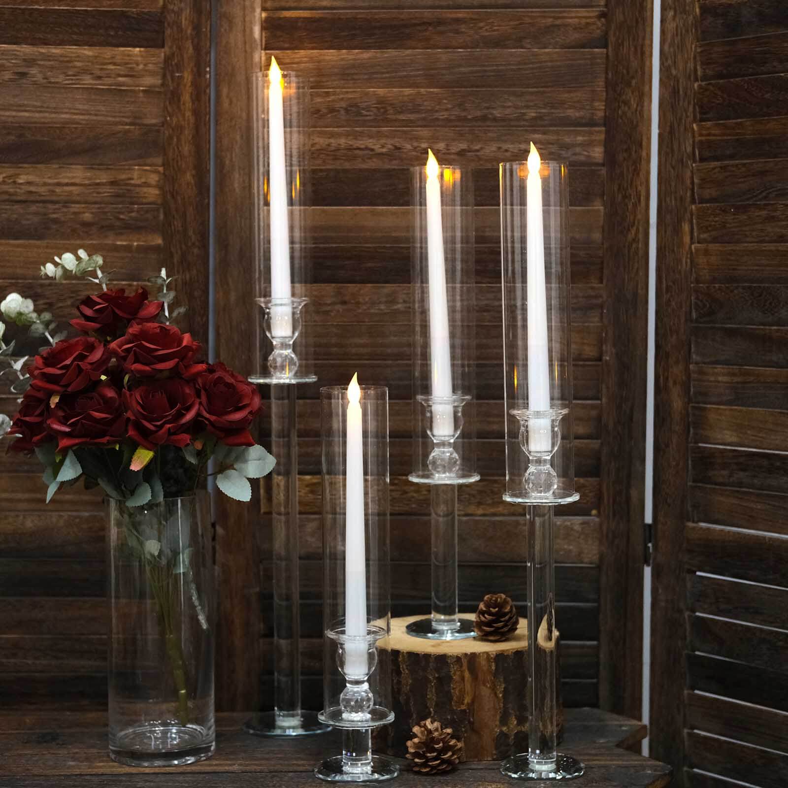 Set of 4 Crystal Glass Hurricane Taper Candle Holders, Decorative Tall Candle Stands Clear Cylinder Chimney Tubes 14", 18", 22", 26"