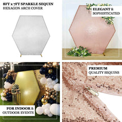 8ftx7ft Rose Gold Shiny Sequin Hexagon Backdrop Stand Cover, Shiny Sparkle 2-Sided Custom Fit Wedding Arch Cover